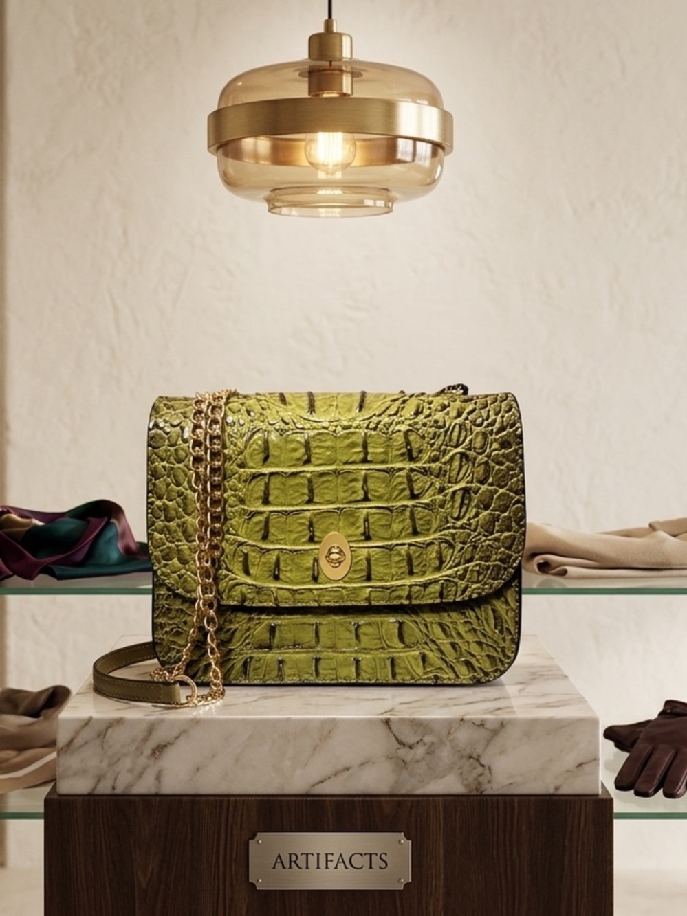 Green Croc-Embossed Shoulder Bag with Chain Strap NWT